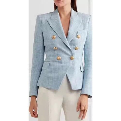 High Quality Fashion Ladies Light Blue Blazer Notched Long Sleeve Double Breasted Buttons Cotton Office Jacket Women Blazer 2019