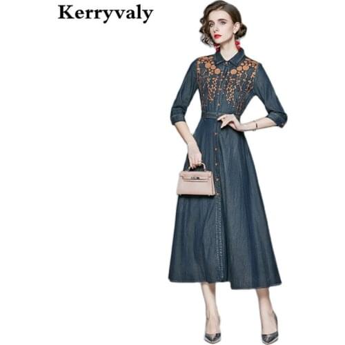 Elegant Cable Lock Embroidery Denim Long Dress Women Autumn High-Profile Western Style Maxi Retro Jeans Dress K3201