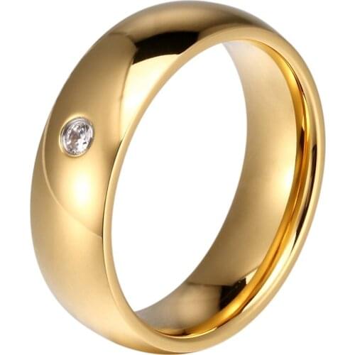 6mm Classic Gold Color Wedding Ring 316L Stainless Steel Women Fashion CZ Finger Jewelry Hot Sale Brazil Russian Size 8-12