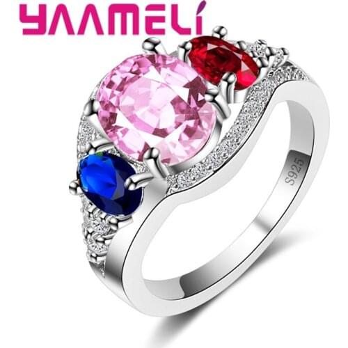 Real 925 Sterling Silver Luxury Women Engagement Band Rings Paved Three Dazzling Color Crystals Elegance Bridal Jewelry