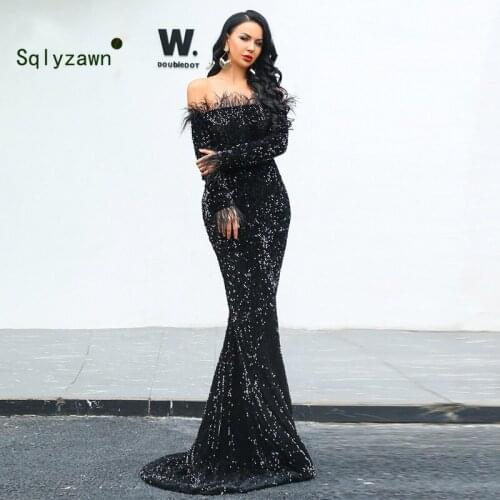 Women Sexy Off Shoulder Feather Long Sleeve Sequin Floor Length Evening Party Maxi Reflective Sparkling Mariage Dress Vestdios