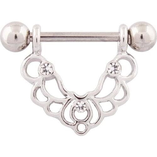 1 PCS Stainless Steel Rhinestone Hollow Flowers Nipple Rings for Women Body Piercing Jewelry