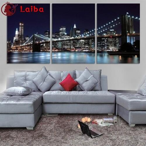 Diamond City bridge at night Embroidery Picture Of Rhinestones Diamond Painting Full drill Mosaic Cross Stitch Wall Art3pcs