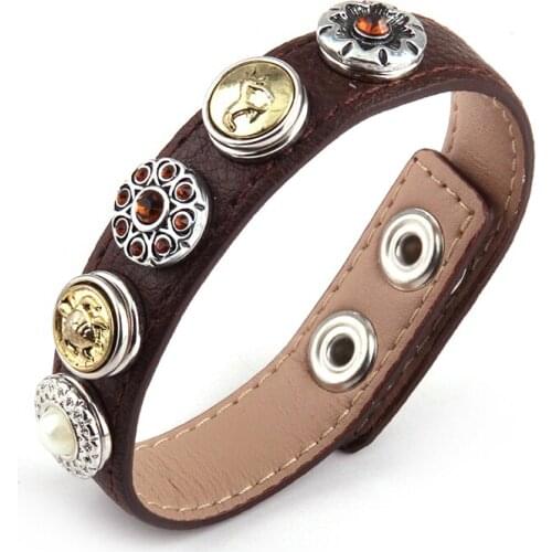 Free shipping brown leather Bracelets mini 1.2cm 5 metal button charm animal flower Bracelet DIY alloy buttons Jewelry
