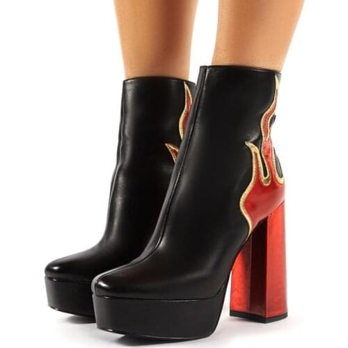 IPPEUM Western Platform Ankle Boots For Women Sexy Trunky High Heeled Boots Patent Faux Leather Shoes Woman botas femininas