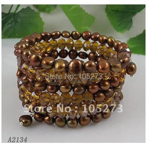 Wholesale AA 5-6mm brown color Genuine fresh water pearl and crystal beads bracelet 5rows bracelet free shipping A2134