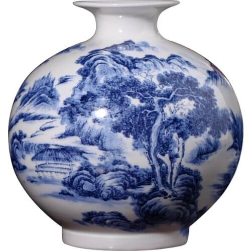 Jingdezhen Ceramics Fine Bone China Vase Landscape Pattern Blue And White Porcelain Vase Ornaments Living Room Flower Vases