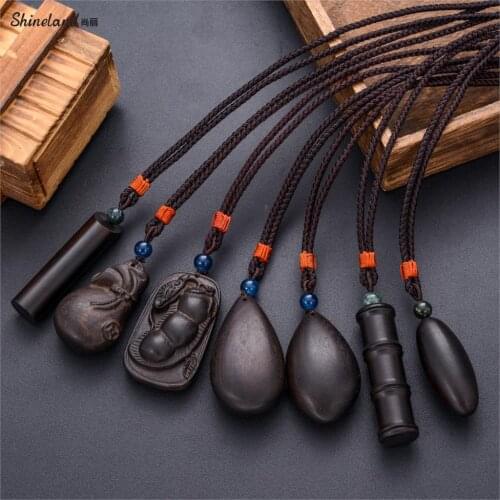 Shineland Unisex Handmade Wood Pendant Long Rope Chain Necklace for Women Men Adjustable Collares Punk Ethnic Vintage Jewelry