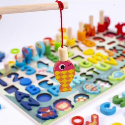 Montessori Wooden Math Toys Children Forest Animals Magnetic Fishing Building Blocks Busy Board Preschool Educational Kids Toys