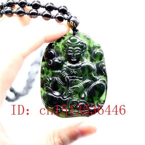 Chinese Black Green Jade Guanyin Patron Saint Pendant Natural Hand Carving Necklace Fashion Amulet Luck Gifts Men Sweater Chain