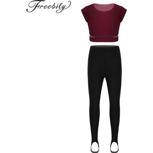 Set of Two Kids Girls Cap Sleeves Yoga Sets Gymnastic Workout Crop Top and Stirrup Pantyhose Stockings Leggings Pants Dancewear