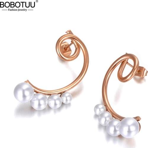 BOBOTUU Trendy Stainless Steel Geometric Irregular White Pearl Earrings Rose Gold Bohemia Party Earrings For Women Girl BE20065