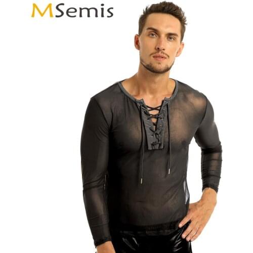 Mens Fashion Lace Up T-Shirt Top Clubwear Hot Muscle Costumes Long Sleeves Sexy Sheer Mesh Pullover Male Streetwear Undershirts