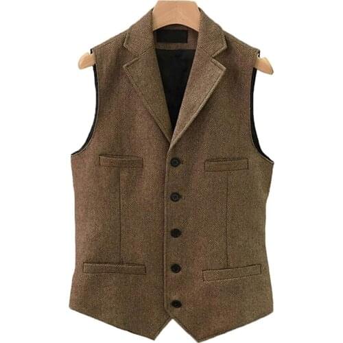 Mens Suit Vest Lapel V Neck Wool Casual Formal Business Herringbone Waistcoat Groomman For Wedding Army Green/Burgundy/Brown