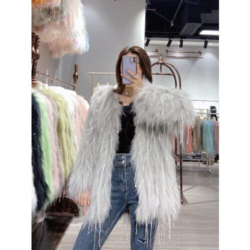 New fashion Natural genuine real Raccoon Fur Coat womens Luxurious jacket Sequin tassel outwear