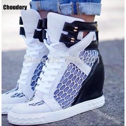 Wedges Shoes Women Platform High Heels Shoes Casual Sport Style Lace Up Rivet Decoration Cutouts Meshes Breathable Straps