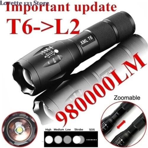 High Quality Portable T6 Tactical Military LED Flashlight 980000LM Zoomable 5-Mode Without Battery Outdoor Tools