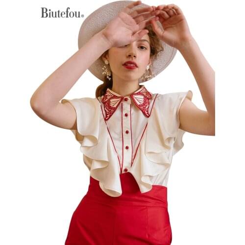 [Biutefou] Original Design 2021 Summer Women Butterfly Embroidery Ruffle Sleeveless Shirt