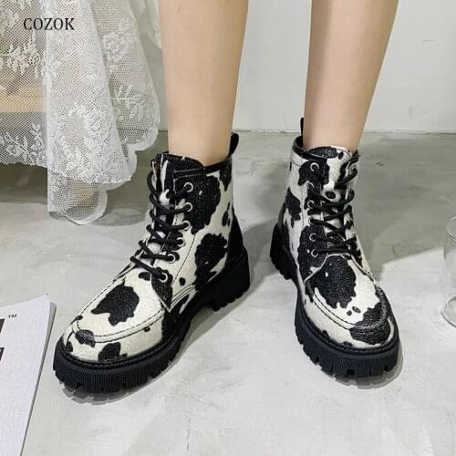 Women 2021 Autumn Winter Lace Up Ankle Boots Ladies Non Slip Low Heels Woman Casual Sewing Shoes Female Cow Print Footwear New