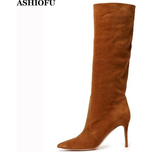 ASHIOFU Handmade Hot Sale Ladies High Heel Boots Sexy Night-club Party Prom Half Boots Winter Evening Fashion Mid-calf Boots