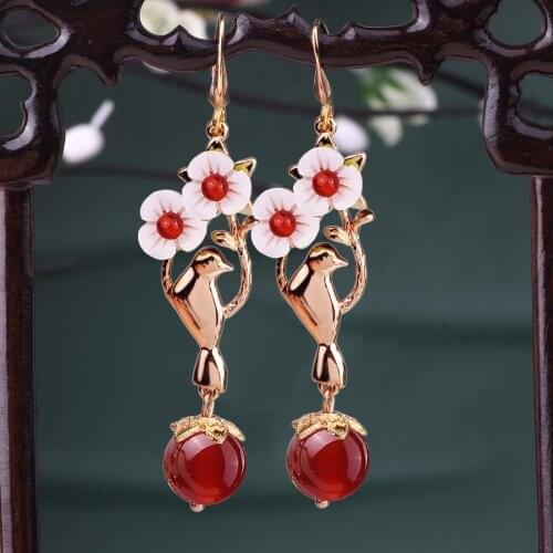 Farlena Chinese Style Shell Flower Drop Earrings for Women Wedding Jewelry accessory Vintage Ethnic Natural Stone Earrings long