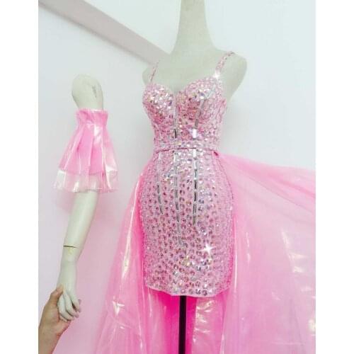 Female Costume Fashion Pink Rhinestones Short Dress Yarn Tail Dance Outfits Nightclub Bar Singer Dancer Performance Stage Wears
