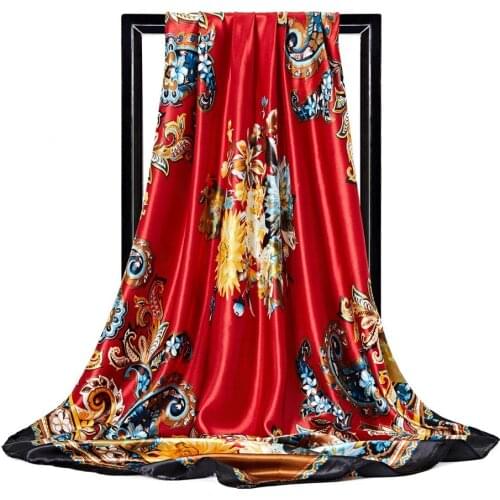 New Summer Stain Scarf Women Fashion Red Flower Printed Square Head Silk Scarves Luxury Brand Shawls Wraps Wholesale 90*90CM