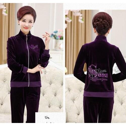 2018 Women Sporting Suit Casual Sweatshirt Gold velvet 2 Pieces Set Women Sportswear Suit Spring lady Suit Mother clothes Sets