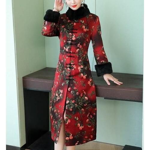Faux Fur Chinese Style Clothing Women Maxi Dress Elegant Cheongsam Cotton Linen Robe Vintage Qipao Fleece Winter Dress 11724