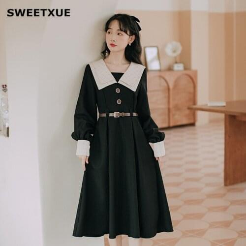 SWEETXUE Female Long Sleeve Lapel Literary Retro Mid-length Dress Spring Autumn Chic Preppy Style Chic Casual Women
