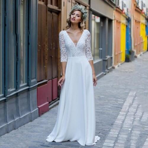 Boho Half Sleeves Wedding Dress V-Neck Sexy Backless Lace Bridal Gowns Floor Lenghth A-line White Satin African Robe De Mariee