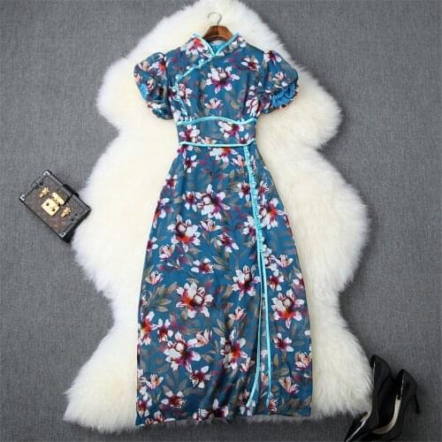 Chinese Style Cheongsam Dress Summer New 2019 Designer Women Elegant Puff Sleeve Floral Print Front Split Vintage Party Dress