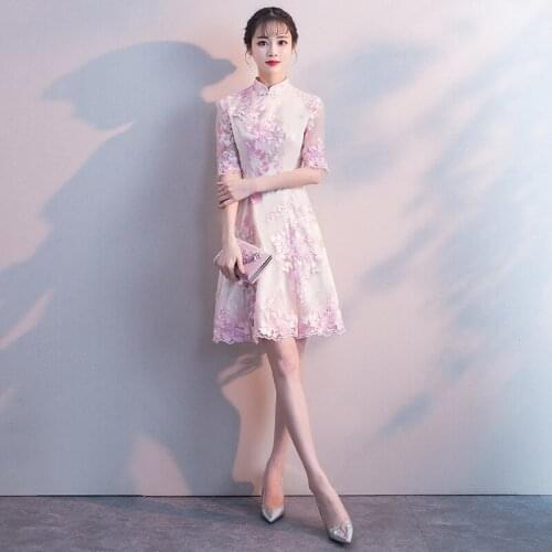 2021 Party Casual Pink Lace Floral Embroidery Qipao Chinese Style Vintage Modern Improved Cheongsam for Women