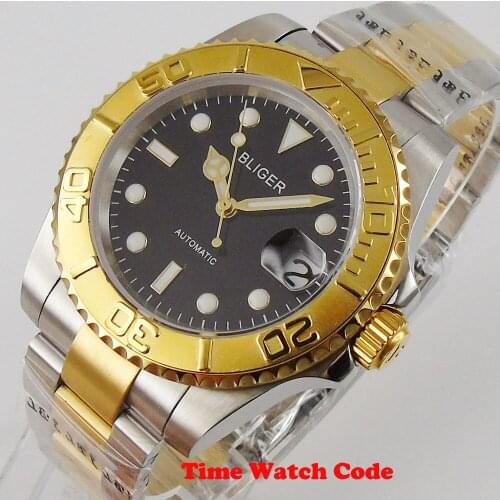 40mm Bliger Mechanical Automatic Movement golden Mens Wristwatch Black Dial Sapphire Date indicator luminous marks roating bezel