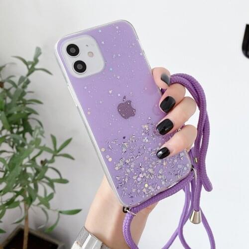 Transparent Glitter Strap Cord Chain Necklace Lanyard Case For iPhone 12 Pro Max MiNi 11 Pro XS XR X 7 8 Plus 6 SE 2 Soft Cover