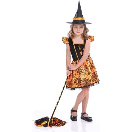 Halloween Childrens Princess Dress Spider Cosplay Costume Witch Costume For Girls Kids Orange Skirt With Hat