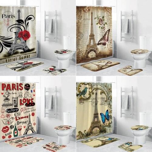 Eiffel Tower Paris Landscape Shower Curtains Bathroom Curtain Set Fabric Bathtub Curtain Non-slip Rugs Toilet Lid Cover Bath Mat
