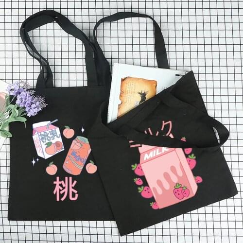 Ladies Cartoons Canvas Bags Milk Drink Box Printing Shopping Shoulder Bag Cute Girls School Supplies Storage Tote Bag Kawaii