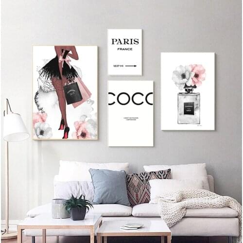 Vogue Poster Perfume Abstract Painting Quotes Perfume Bottle Wall Art Canvas Prints Pink Peony Posters Wall Pictures Home Decor