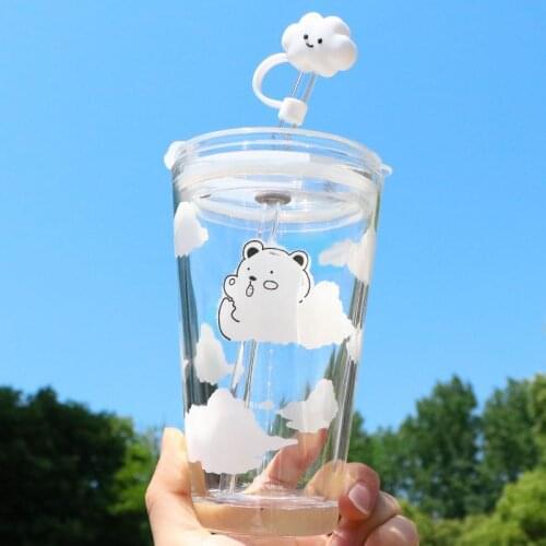 Cartoon Clouds Straw Cup Heat Resistant Large Capacity Cute Bear Juice Milk Tea Cup Leakproof Portable Glass Water Bottle