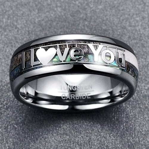 8mm Men Rings Stainless Steel Abalone Shell Inlay I LOVE YOU Wedding Engagement Rings Anniversary For Men Jewelry