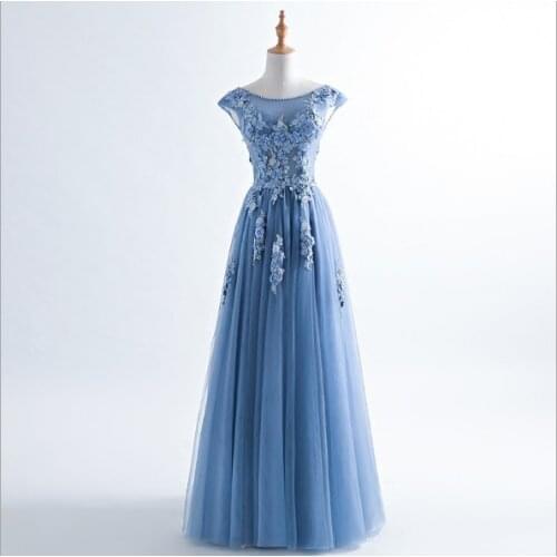 Sky Blue Scoop Prom Evening Dresses Sleeveless 3D Flower Appliques Party Gown Backless Pearls Vestidos