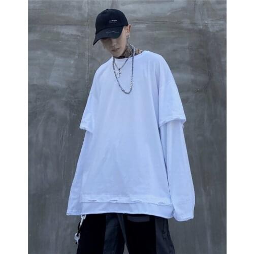 Early autumn new black fake two-piece T-shirt male ins Hong Kong style loose round neck wild top trend casual bottoming shirt