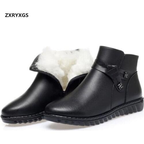 New Black Full Cowhide Casual Winter Boots Womens Boots Flat Heel Comfortable Shoes Warm Plush / Wool Snow Boots Ankle Boots