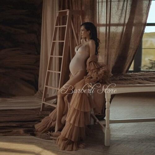 Khaki Tiered Ruffles Rulle Pregnanty Women Dresses Long Robe Modern Bow Waist Mesh Maternity Jecket To Photo-shoot Baby Shower