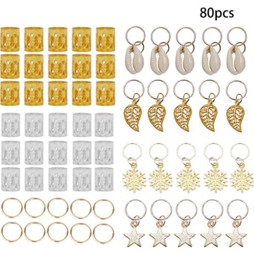 80Pcs Hair Jewelry Braid Rings Decoration Pendants Dreadlocks Beads Metal Cuffs Rings Clips Shell Snowflake Charms Accessories