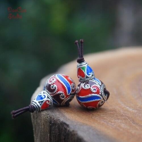 14mm Cloisonne Silver Guru Beads Red Blue Loose Mala Beads Japa Beads Bracelet Pendant Earrings Jewelry Findings DIY