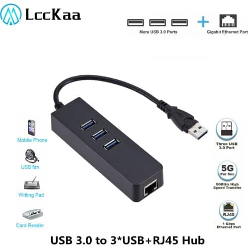 LccKaa USB 3.0 Ethernet to RJ45 Network Card with 3 Ports USB HUB for Mac iOS Xiaomi Mi Box Laptop PC 10/100 Mbps Lan Adapter