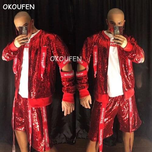 Spring Festival New Year Red Ribbon Sequined Hip Hop Baseball Uniform Costume Nightclub Bar ds Male Singer Stage
