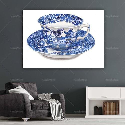 Vintage watercolor blue and white porcelain teacup canvas painting wall art printing picture Chinese style poster home decoratio